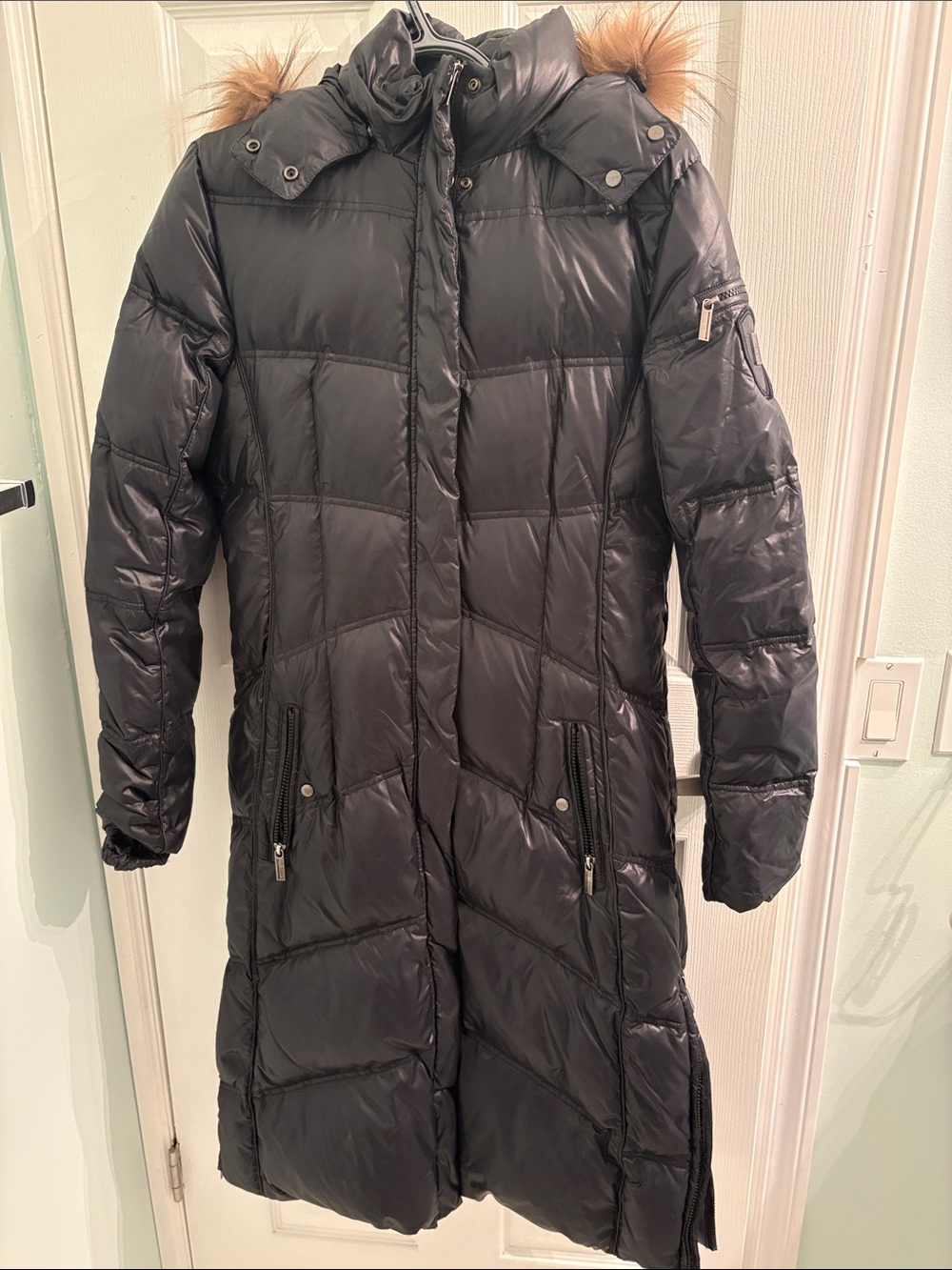 ADD DOWN Long Black Down filled Puffer Coat with Fur-Trim Hood